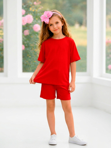 Set T-Shirt a Maniche Corte e Pantaloncini in Cotone Corduroy Grigio Eco-Friendly per Ragazze, Tinta Unita, Outfit Primavera Autunno - Product Image 2