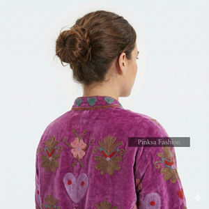Vintage Ethnic Style Women's <b>Velvet</b> Knitted Cotton Varsity Jacket Hand Embroidered Floral Heart Pattern <b>Quilted</b> Eco-Friendly - Product Image 5
