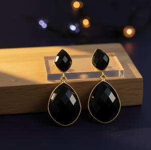 Boucles d'oreilles pendantes en onyx noir, 4,5 pouces, 20 grammes, coupe fantaisie |   Bijoux en argent sterling 925 plaqué or 18 carats avec pierres précieuses - Product Image 2