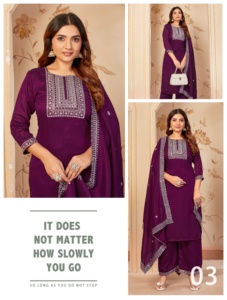 Conjunto Kurtis de 3 piezas de diseñador de seda Vichitra pura con bordado elegante y trabajo de secuencia Ropa étnica elegante para mujer - Product Image 3