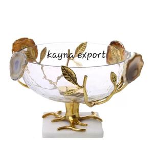 Cuenco de vidrio de ágata, rama de hoja de METAL decorativa de lujo con BASE de mármol, tazón de METAL para servir, con Placa dorada - Product Image 1