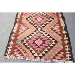 Kilim, alfombra de lana rosa marrón, 3x11,7 pies, tejido plano turco hecho a mano, Jacquard, patrón abstracto, látex para pasillo, espacio rectangular - Product Image 4
