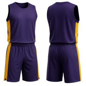 ชุดบาสเก็ตบอลโลโก้แบบกำหนดเอง |   ตัวถังสีม่วงพร้อมแผงสีเหลืองตัดกัน - Product Image 1