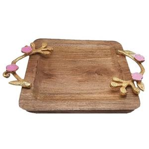 Bandeja para servir alimentos de madera con mango de Metal respetuoso con el medio ambiente con forma Rectangular de acabado Natural y mango de acero inoxidable Venta caliente - Product Image 1