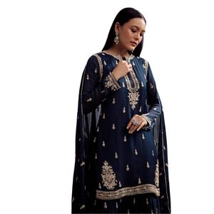 Traje azul marino Chinon Sharara con corte Dana y lentejuelas para fiestas nocturnas de diseñador al por mayor ocasiones festivas y personalizadas - Product Image 4