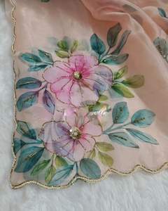 Diseñador de moda suave satén organza Sari con flor estampado a mano blusa elegante más vendida fiesta boda ropa Casual mujeres - Product Image 4