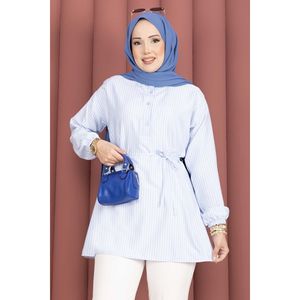 Tunica Casual da Donna in Popeline e Chiffon, Dettaglio a Righe con Lacci, Azzurro, Vestibilità Ampia, Lunghezza Lunga per Primavera/Estate/Autunno XL - Product Image 2
