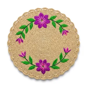 Sets de table ronds en raphia faits à la main avec broderie florale, style bohème, diamètre 260 mm - Product Image 1