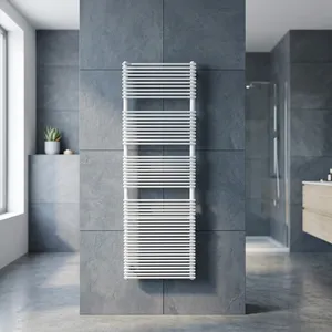 Radiador de toallas estilo escalera con barras redondas en acero con recubrimiento de polvo blanco mate Diseño minimalista moderno para una calefacción eficiente - Product Image 1