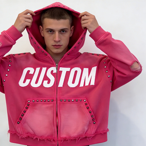 Street Casual Factory Wholesale Hot Pink <b>Studded</b> Full-Zip Distressed Ripped Frayed Edge Customizable Oversized <b>Men</b> Hoodies - Product Image 6
