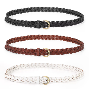 Cinturones trenzados de cuero de piel de vaca con patrón sólido para mujer, cinturones tejidos con hebilla de Pin ajustado para pantalones vaqueros con estilo Vintage - Product Image 2