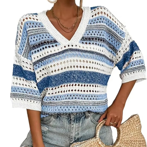 Suéter de punto de ganchillo, ahuecados Tops a rayas, trajes de crucero de vacaciones en la playa, bolsillos de manga corta para mujer, estampado Digital de lana - Product Image 4