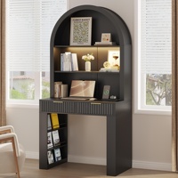 Escritorio Moderno de Roble Negro con Diseño Arqueado, Iluminación LED, Cajones Acanalados, para Oficina en Casa, Sala de Estar, Apartamento, Espacios Pequeños