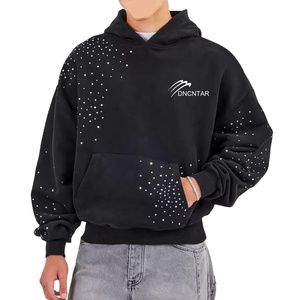 Custom Pullover Hoodie Men Streetwear Screen Printing Logo Vintage <b>Acid</b> Wash Oversized <b>Drop</b> Shoulder Rhinestone Hoodie - Product Image 1