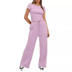 Ensembles d'été pour femmes 2 pièces vêtements de salon personnalisés en gros couleur unie à manches courtes décontracté femmes 2 pièces vêtements de salon ensembles - Product Image 2