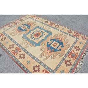 Alfombra Kilim turca Vintage Beige azul 5,8x8,4 pies patrón de retazos de lana respaldo de látex para decoración para sala de estar para adolescentes tamaño 9x12 - Product Image 4