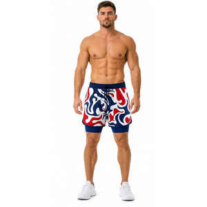 Short de bain décontracté pour homme à motif rouge, blanc et bleu, séchage rapide, avec cordon de serrage, longueur courte, taille mi-haute, en polyester - Product Image 4