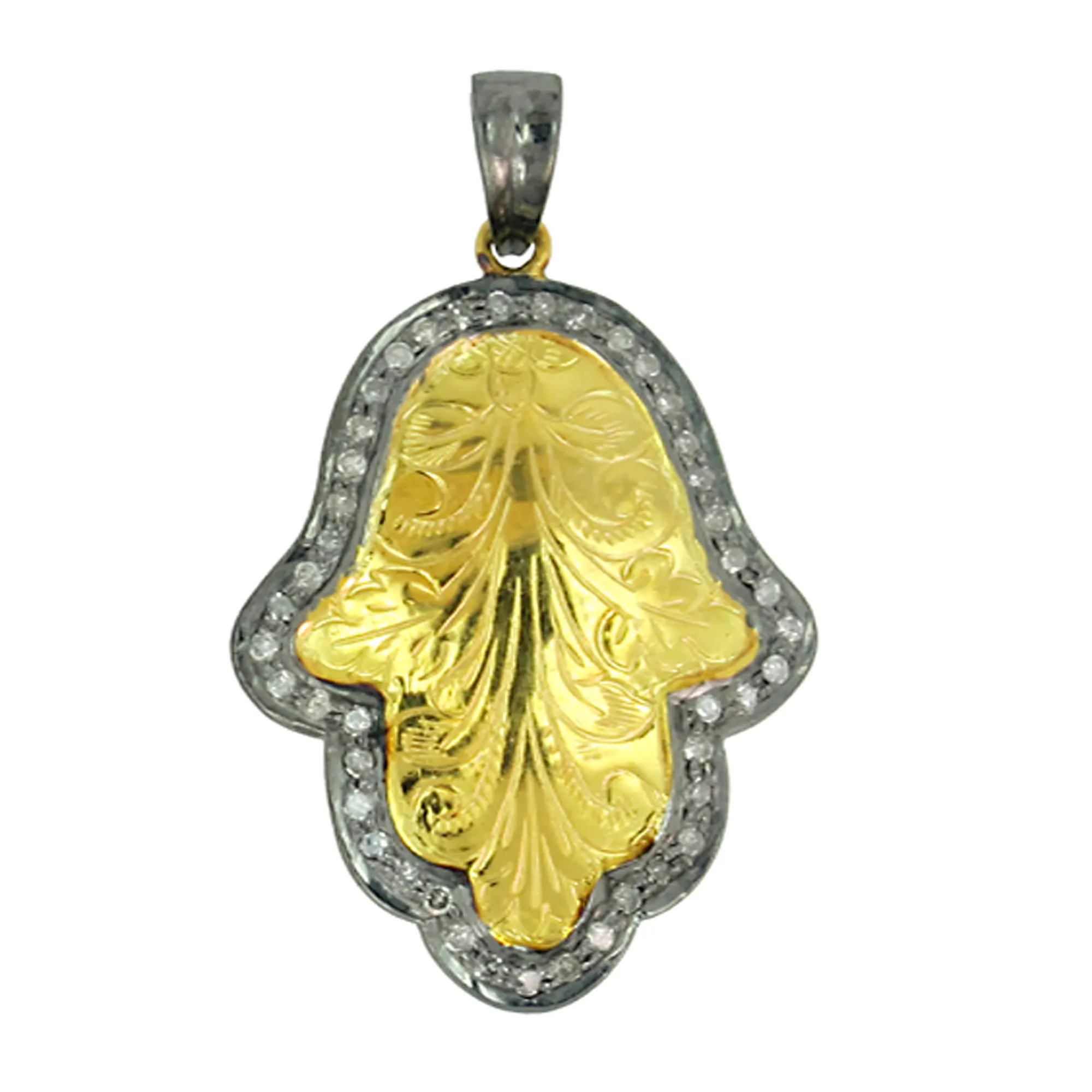 Real Pave Diamond Sterling Silver Engrave Design Hamsa Hand Pendant Jewelry Handmade 14K Yellow Gold Hamsa Pendant Wholesaler