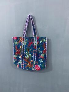 Bolso Tote de Mujer con Estampado de Jungla Azul en Terciopelo, Estilo Bohemio Vintage, Impresión a Mano con Bloques Indios, Bordado Multicolor, Cierre de Cremallera - Product Image 2