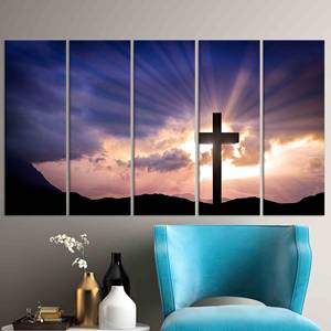 Sérénité sacrée : œuvre d'art sur toile imprimée avec croix de résurrection - Décoration élégante pour la maison, lot de 5 toiles - Product Image 1