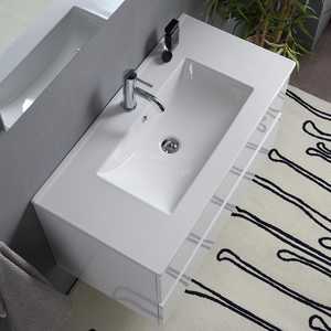 Meuble de salle de bain mural blanc brillant de 90 cm avec 2 tiroirs, miroir et lampe Baltimora, ensemble élégant - Product Image 5