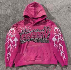 Diseño personalizado Venta caliente Peso pesado 320Gsm Puff Impresión de manga larga Liso con diamantes de imitación Pullover Hombres Sudadera con capucha - Product Image 2