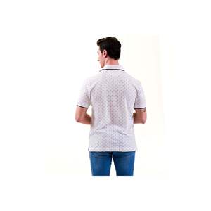 Camiseta ajustada de algodón de manga corta con cuello de polo blanco con patrón geométrico en el cuello y detalle de ribetes - Product Image 3