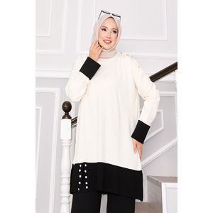 Ensemble tricoté bicolore pour l'automne, grande taille, coupe ample, imprimé avec boutons en pierre, couleur crème, respirant - Product Image 2