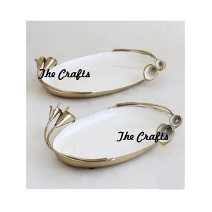 ถาดเสิร์ฟอาหารหวานลายใบไม้ โลหะ สีขาวทอง รูปทรงวงรี คุณภาพสูง ใช้งานได้หลากหลาย ราคาสุดคุ้ม - Product Image 2