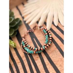 Navajo Style 3 Strand Kingman Turquoise & <b>Copper</b> Beaded Bracelet Machine Made Graduated Fashion Accessory - Product Image 3