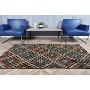 3.6x6.7 ft Turkish Area <b>Rug</b>, <b>Black</b> Orange Vintage Check Wool <b>Rug</b> - Product Image 3