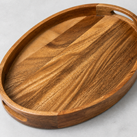 Grand plateau de service ovale en bois d'acacia avec poignées découpées pour le petit-déjeuner, le café, le thé, l'hôtel, le restaurant et la décoration de la maison