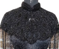 Clásico Exclusivo Vintage Negro Bordado a Mano con Cuentas y Lentejuelas, Flecos Densos, Malla Transpirable, Ecológico, Talla Grande, Primavera