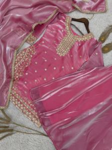New Heavy Light Pink Silk Punjabi <b>Kurti</b> with Dupatta for Sequence Embroidery for Wedding Party Wear Ceremonial Festival - Product Image 1