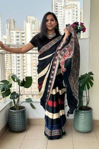 Sari en soie japonaise Sartin avec bordure et chemisier contrastant pour femme, fabriqué en Inde - Product Image 5