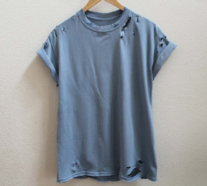 T-shirt Vintage lourd à col rond de haute qualité pour hommes Patch brodé en détresse personnalisé Maillot court décontracté à motif solide - Product Image 5