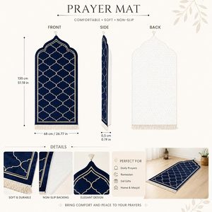 Tapis de prière islamique de luxe en coton, motif marbré bleu foncé, poils moyens, antidérapant, lavable, vente en gros - Product Image 4