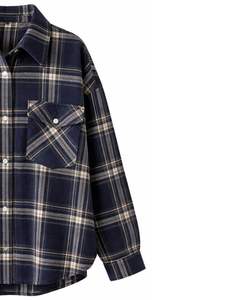 Camisa Oversize de Franela a Cuadros para Mujer, Azul Marino, Manga Larga, Casual, con Bolsillos, Suave, para Otoño e Invierno, Venta al por Mayor - Product Image 2