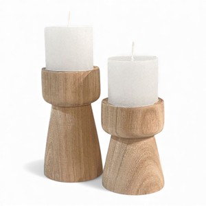 Dark Wooden Pillar <b>Candle</b> Holder Set With Rounded Bowl Top And Modern Linear <b>Carved</b> Design Unique - Product Image 5