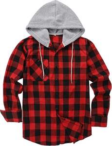 Men's <b>Checked</b> Printed Hooded <b>Shirt</b> Long Sleeve Casual <b>Hoodies</b> Flannel Button Down <b>Shirts</b> in Black and Red for All Season <b>Shirt</b> - Product Image 2