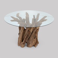La table à manger rustique en bois flotté fabriqué à la main utilise un dessus en verre transparent Mobilier écologique en racine de teck Table unique pour la salle à manger