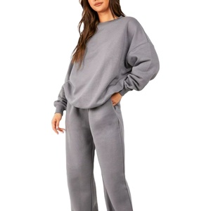 Ensemble survêtement femme en molleton 100% coton personnalisé pour l'hiver, sweat-shirt à col rond surdimensionné et pantalon de jogging à jambes larges, survêtement femme 2026 - Product Image 2