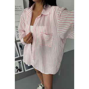 Blusa de Voile a Rayas Rosa Brillante para Mujer, Diseño Elegante a Rayas con Toque Brillante - Product Image 1