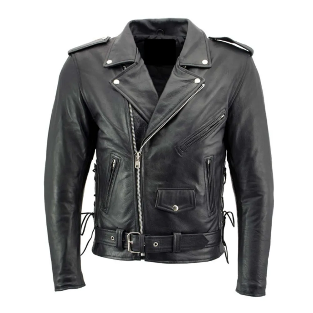 Jaqueta de couro para motocicleta com proteção X-Armor, jaqueta clássica preta de renda lateral para homens 'Ruffian'