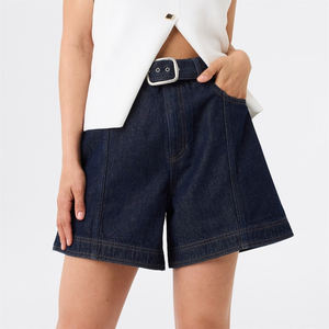 Straps Stretchy Denim <b>Shorts</b> For Women's Belt Loop Wide Leg Loose Fit Navy Blue Color Outdoor Fashionable <b>Jean</b> <b>Shorts</b> - Product Image 4