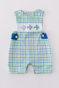 Mameluco Jonjon para bebé, personalizado, a cuadros azules, bordado de avión, algodón Spandex para niños pequeños, lavable, hecho en EE. UU., venta al por mayor - Product Image 2