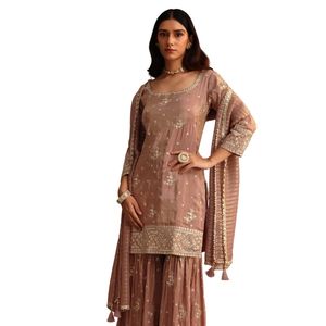 Mousse Mousse paillettes Kurti Sharara Set con Chanderi Banarasi Dupatta Premium etnico femminile abito festivo da festa - Product Image 3