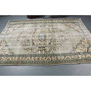 Tapis Turc Vintage 5.6 X 8.4ft Vert Beige Laine Patchwork Design Latex Support pour Maison Salon Chevet Rectangulaire Style-Tabriz - Product Image 3