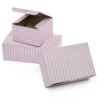 Boîtes à pâtisserie faciles à assembler, rayures roses et blanches, carton recyclé, pelliculage brillant, gaufrage pour aliments et collations, avec des éléments recyclés