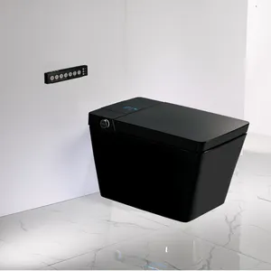 Inteligente vaso sanitário tanque de água brilho quadrado preto estilo japonês A215 piso montado brilho quadrado preto bidé vaso sanitário e água escondida t